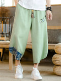 Men's Japanese Style Patchwork Drawstring Cotton Linen Wide Leg Capri Pants