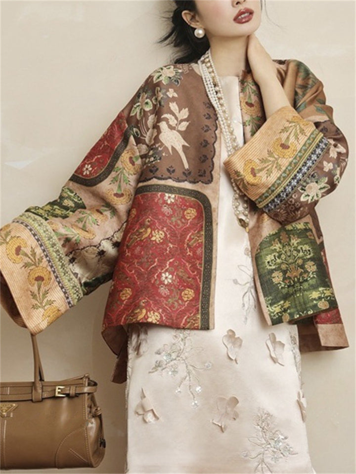 Fashion Chinese Style Floral Printed Silk Jackets for Women