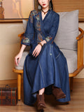 Women's Elegant Embroidery V Neck Button Up Denim Dress