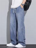 Men Wash Elastic Drawstring Waist Wide Leg Baggy Jeans