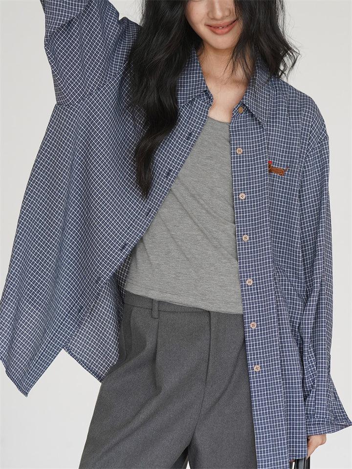 Women's Loose Blue Plaid Long Sleeve Shirts