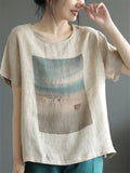 Summer Casual Cotton Linen Print  Short Sleeve T-shirt for Women