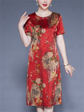 Flower Print O-neck Short Sleeve A-Line Dress for Women