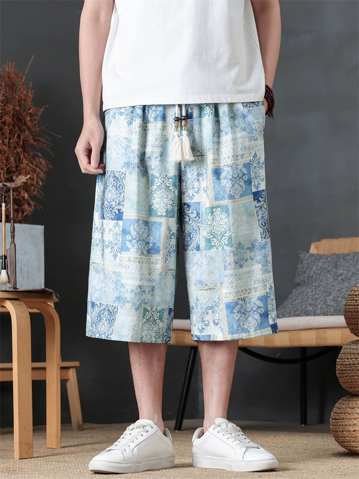 Mens Japanese Style Holiday Printed Wide Leg Cropped Summer Pants