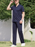 Men Comfy Breathable Ice Silk 2 Piece Short Sleeve Shirt Pants Outfits