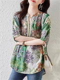 Loose Summer Floral Print V-Neck Patchwork Shirt For Women