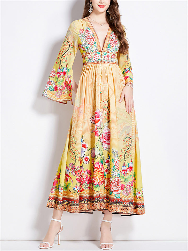 Women's Deep V-Neck Vintage Floral Holiday Dresses