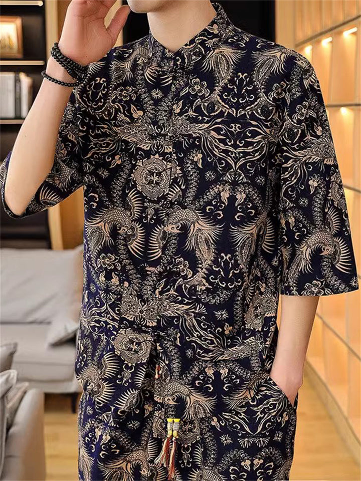 Men's 2-Piece Summer Print Half Sleeve Stand Collar Shirt& Pants Set