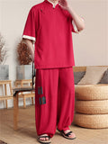 Ethnic Style Slant Opening Plate Buttons Linen Tops and Wide Leg Pants Set for Men