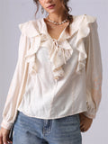 Women's French Style Apricot V-Neck Ruffled Shirt