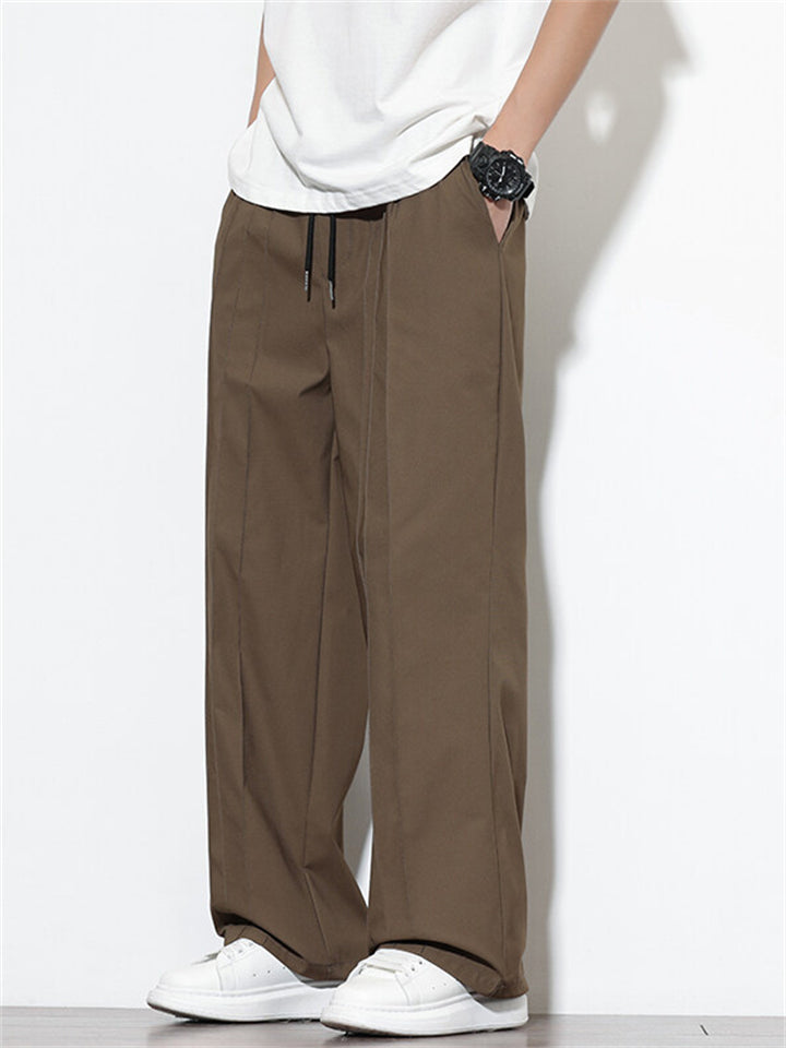 Men's Solid Color Drawstring Pleated Straight Pants