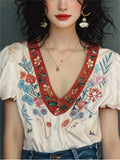 Women's V-Neck Floral Embroidery Puff Short Sleeve Shirt