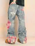 High Street Print Patchwork Unisex Wide Leg Denim Pants
