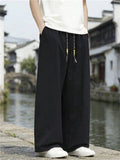 Men Japanese Streetwear Cotton Linen Drawstring Baggy Wide Leg Pants