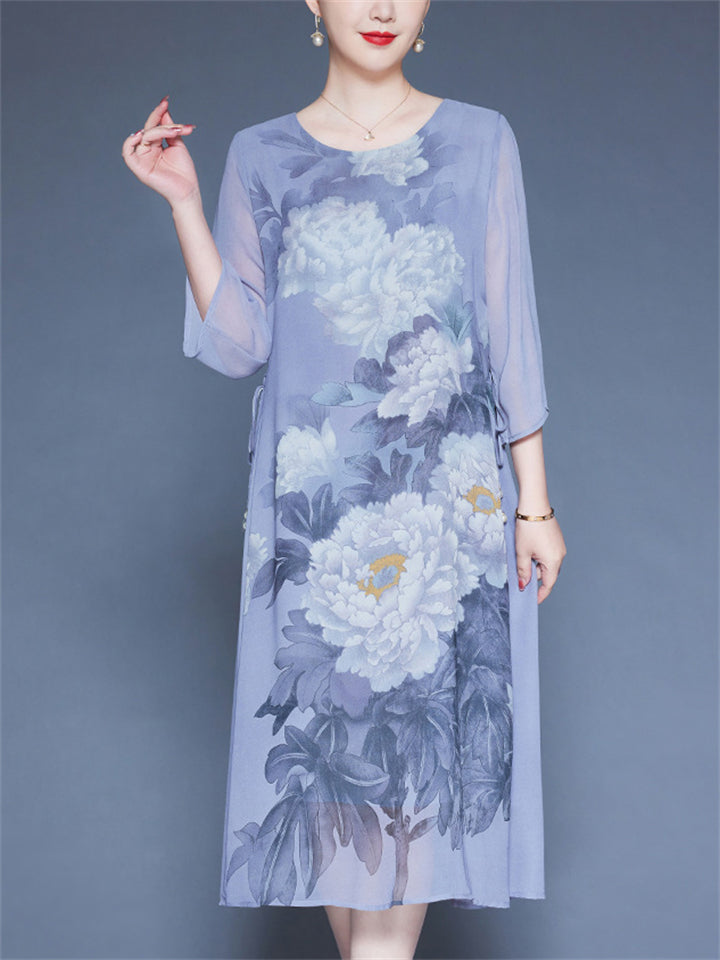 Summer Flower Print O-neck 3/4 Sleeve  A-Line Dress for Women