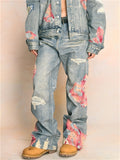High Street Print Patchwork Unisex Wide Leg Denim Pants