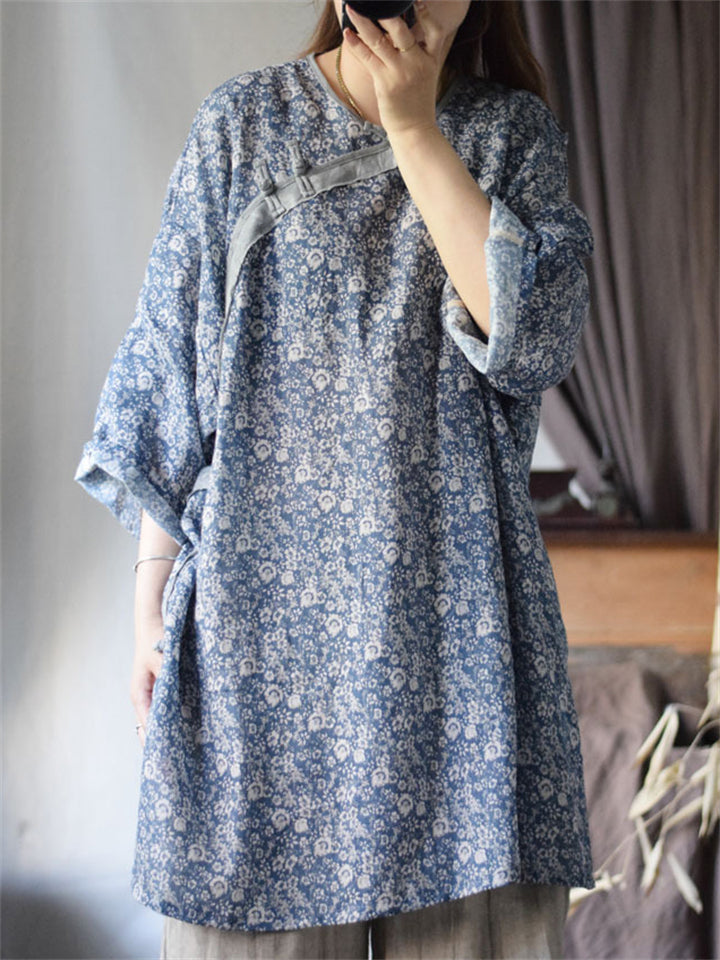 Women's Vintage Loose Ramine Blue Floral Print 3/4 Sleeve Shirts