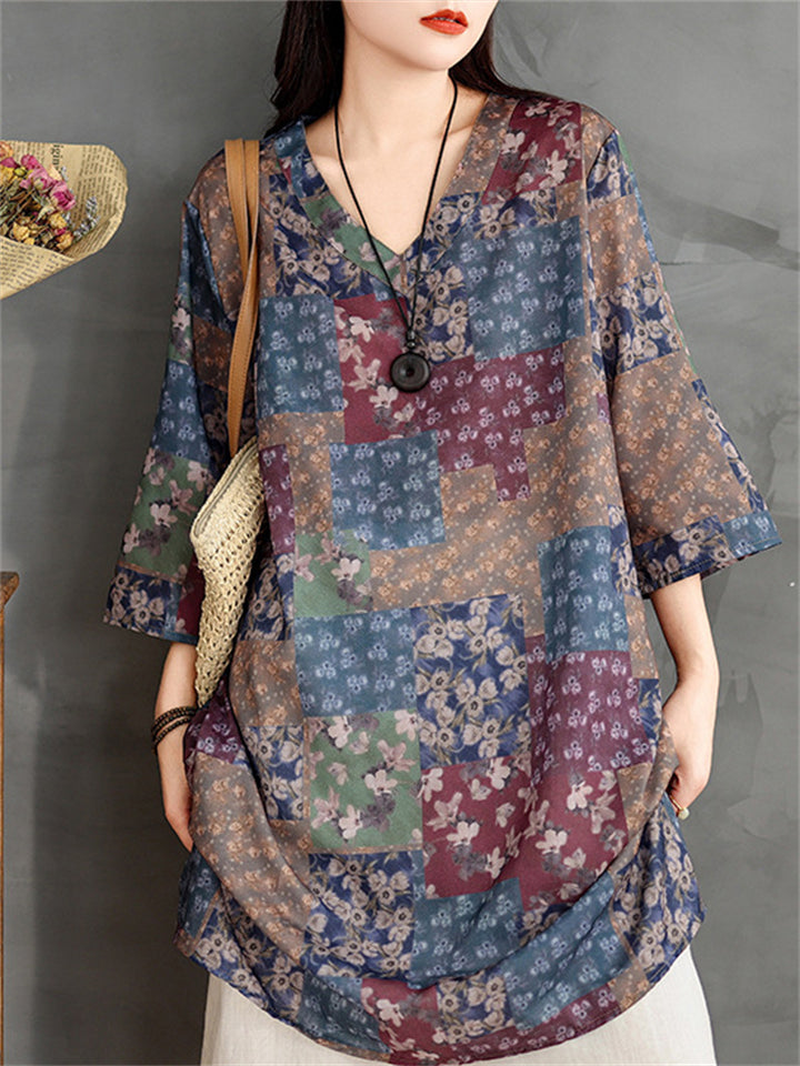 Summer Casual Ethnic Style V-neck Floral Print Shirts For Women