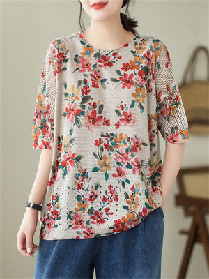 Women's Summer Colorful Floral Hollow Out Half Sleeve Shirt