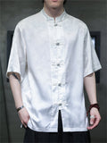 Men's Summer Bamboo Leaves Printed Stand Collar Short Sleeve TangSuit Shirts