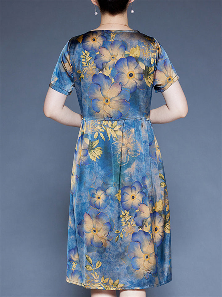 Women's Loose  Floral Print O-neck Short Sleeve Dress