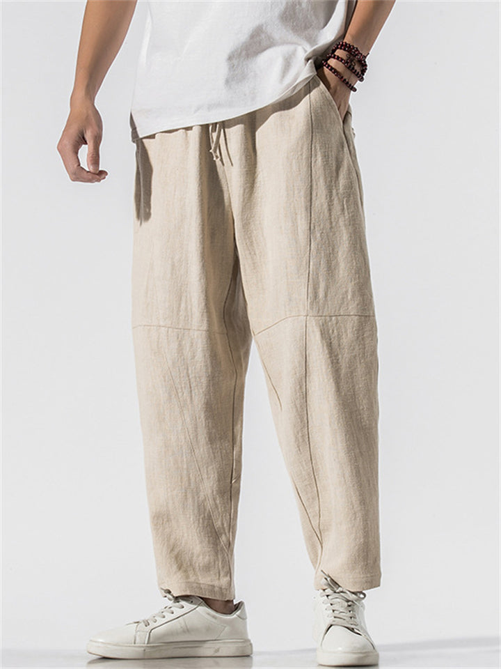 Men's Casual Linen Solid Color Drawstring Cropped Pants
