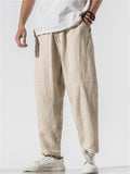 Men's Casual Linen Solid Color Drawstring Cropped Pants