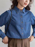 Dark Blue Vintage Autumn Temperament Denim Shirt for Women