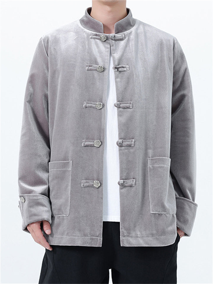 Men's Autumn Velvet Solid Color Stand Collar TangSuit Jackets