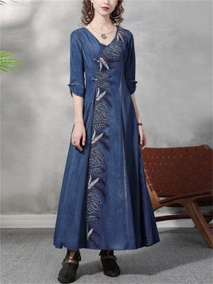 Classic Embroidered Denim Cheongsam Dress for Ladies