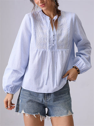 Women's French Style Embroidery Blue Stripe Shirts
