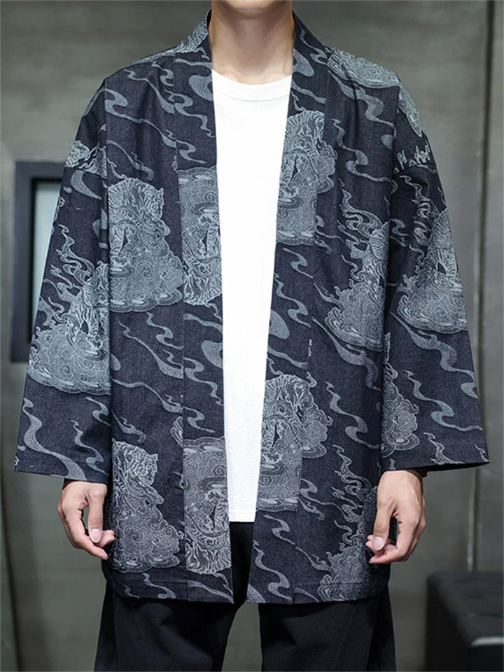 Men's Chinese Style Open Front Cardigan with Dragon Pattern Loose Fit Shirt