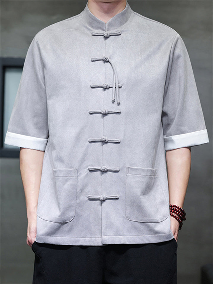 Men's Faux Suede Chinese Kung Fu Short Sleeve Frog Button Shirts