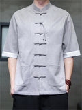 Men's Faux Suede Chinese Kung Fu Short Sleeve Frog Button Shirts
