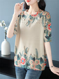 Women's Loose Floral Print Short Sleeve Knit T-Shirts