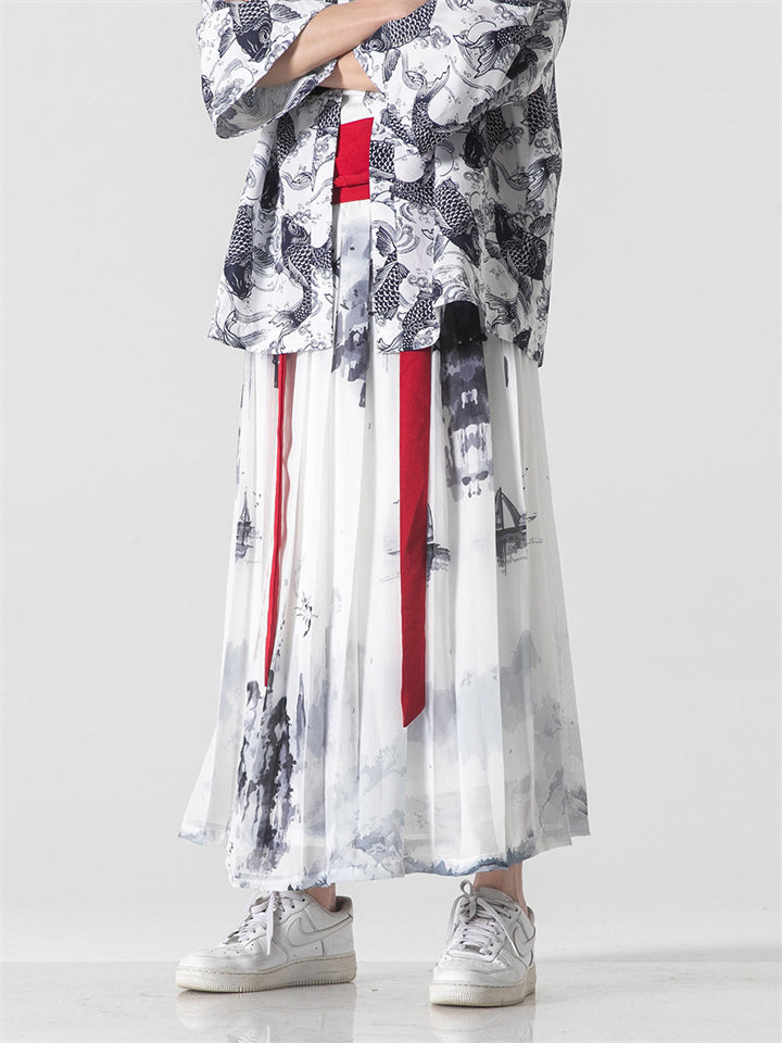 Men's Popular Mamianqun Ink Printing Pleated Skirt Pants