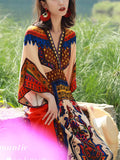 Women's Trendy Ethnic Holiday Style Print V Neck Maxi Dress