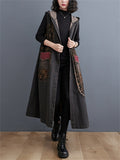 Vintage Floral Single Breasted Sleeveless Denim Hooded Coat