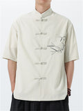 Men's Summer Leaves Embroidery Stand Collar Tang Suit Shirts