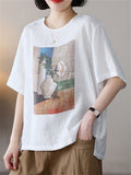 Summer Casual Cotton Linen Painting Print Round Neck T-shirt for Women