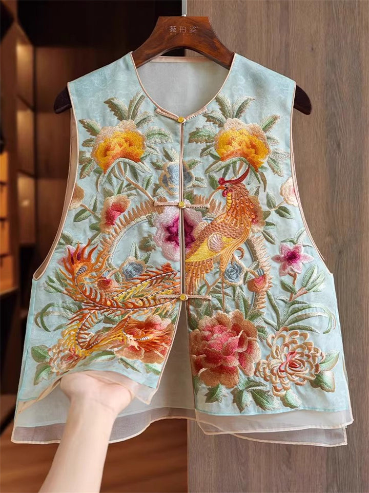 Women's Trendy Phoenix and Peony Embroidered Sleeveless Summer Vest