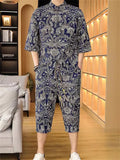 Men's 2-Piece Summer Print Half Sleeve Stand Collar Shirt& Pants Set