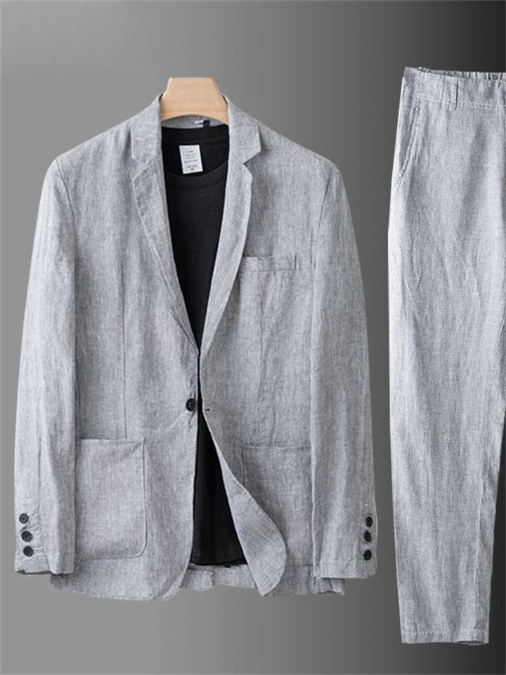 Men's 2Pcs Summer Single Breasted Pocket Lapel Solid Color Outfits