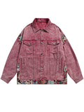 Women's Ethnic Patchwork Chest Pockets Button Up Denim Jacket