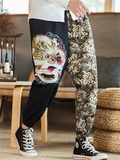 Men's Ancient Loong Sea Wave Embroidery Vintage Pants