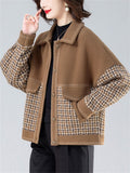 Women's Woolen Blend Houndstooth Patchwork Jacket