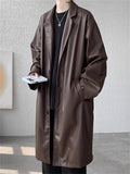 Retro Solid Color Suit Collar Mid Long Trench Jacket for Men