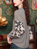 Women's O-Neck Black White Stripe Patchwork Long Sleeve Shirt