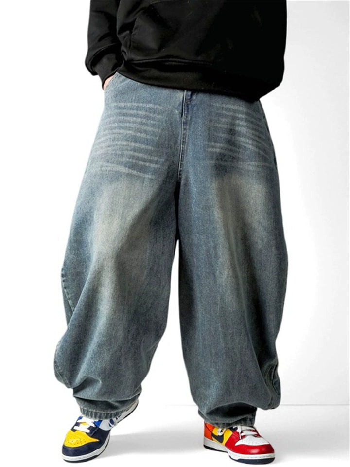Men Wide Leg Washed Denim Pants Streetwear Hip Hop Baggy Jeans