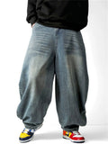 Men Wide Leg Washed Denim Pants Streetwear Hip Hop Baggy Jeans